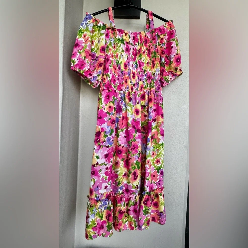 The Childrens Place Off Shoulder Short Sleeve Dress Pink & Yellow Floral 10/12 - Picture 5 of 16